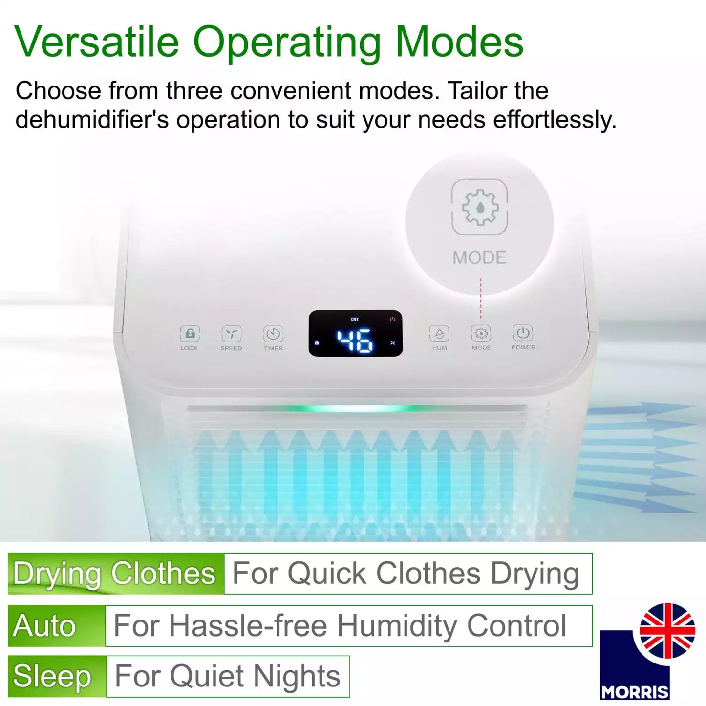 Morris 12 litre dehumidifier with 3 operating modes