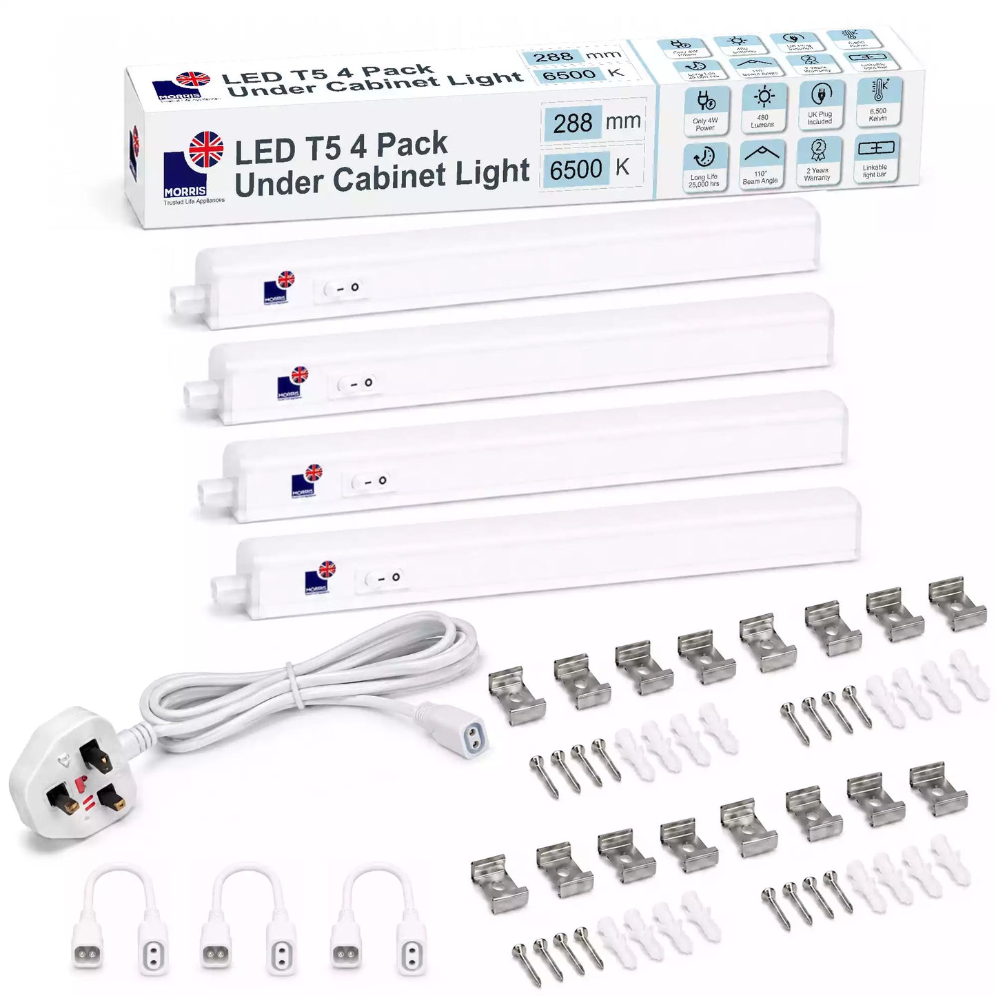 Morris LED cabinet lighting 288mm 6500K 4pc