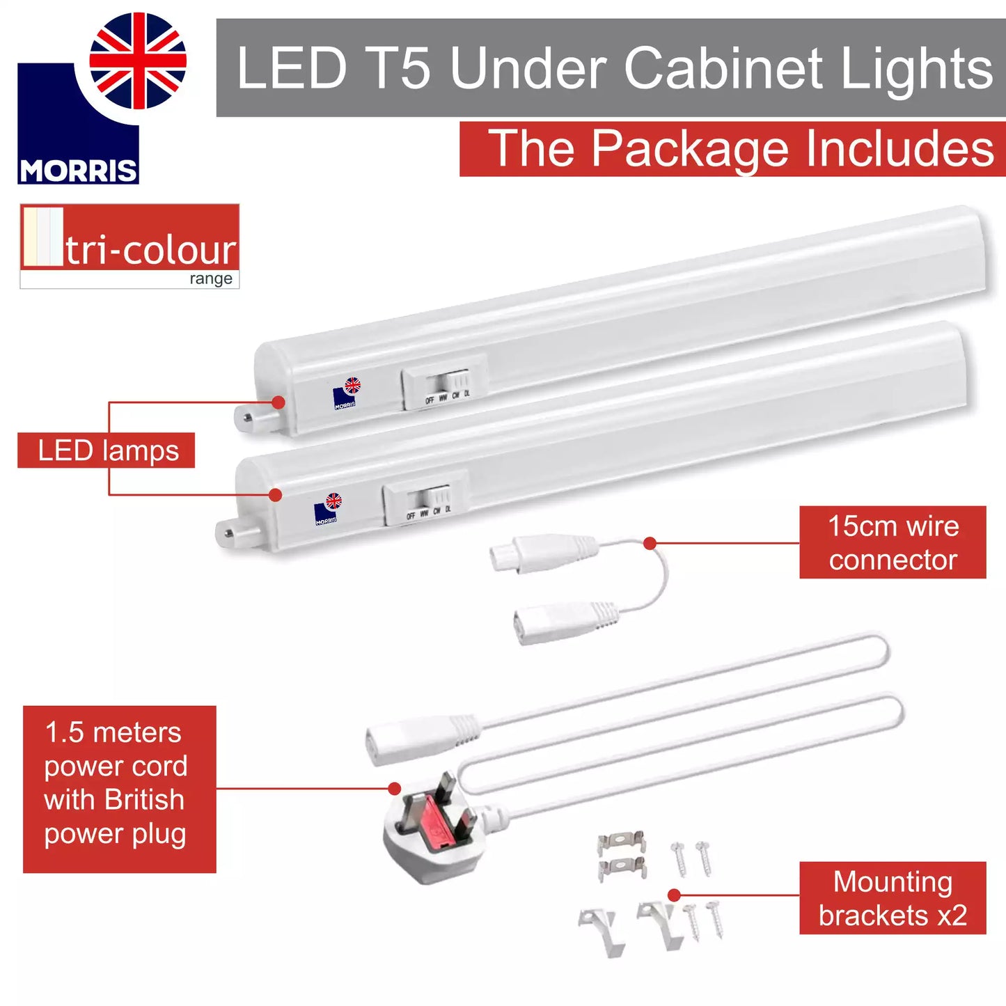 Morris T5 under cabinet multi color LED lighting 550mm the package includes