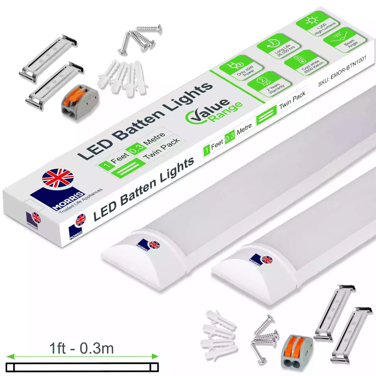 Slimline Lightweight 1ft Twin LED Tube Light Value Range