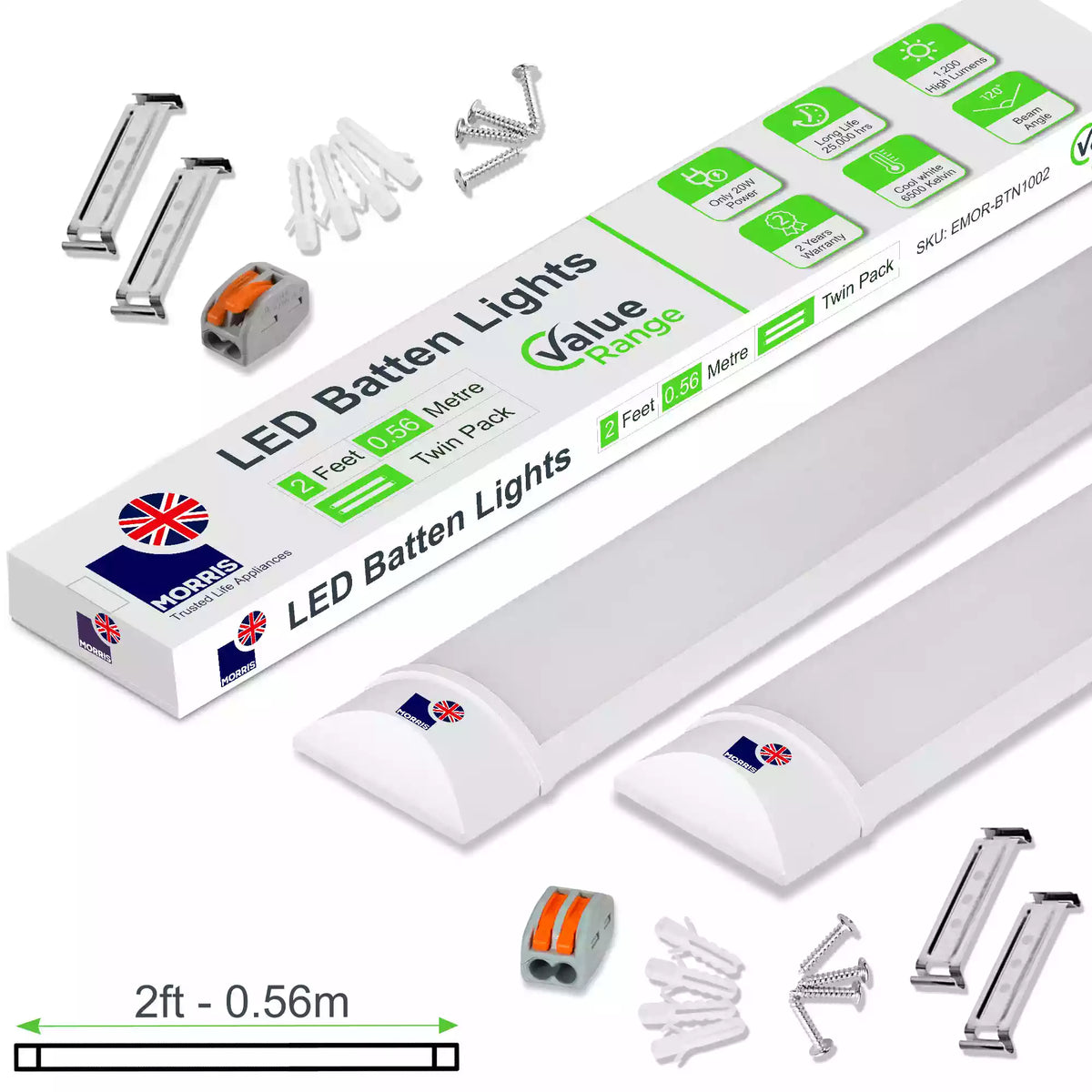 Slimline Lightweight 2ft Twin LED Tube Light Value Range