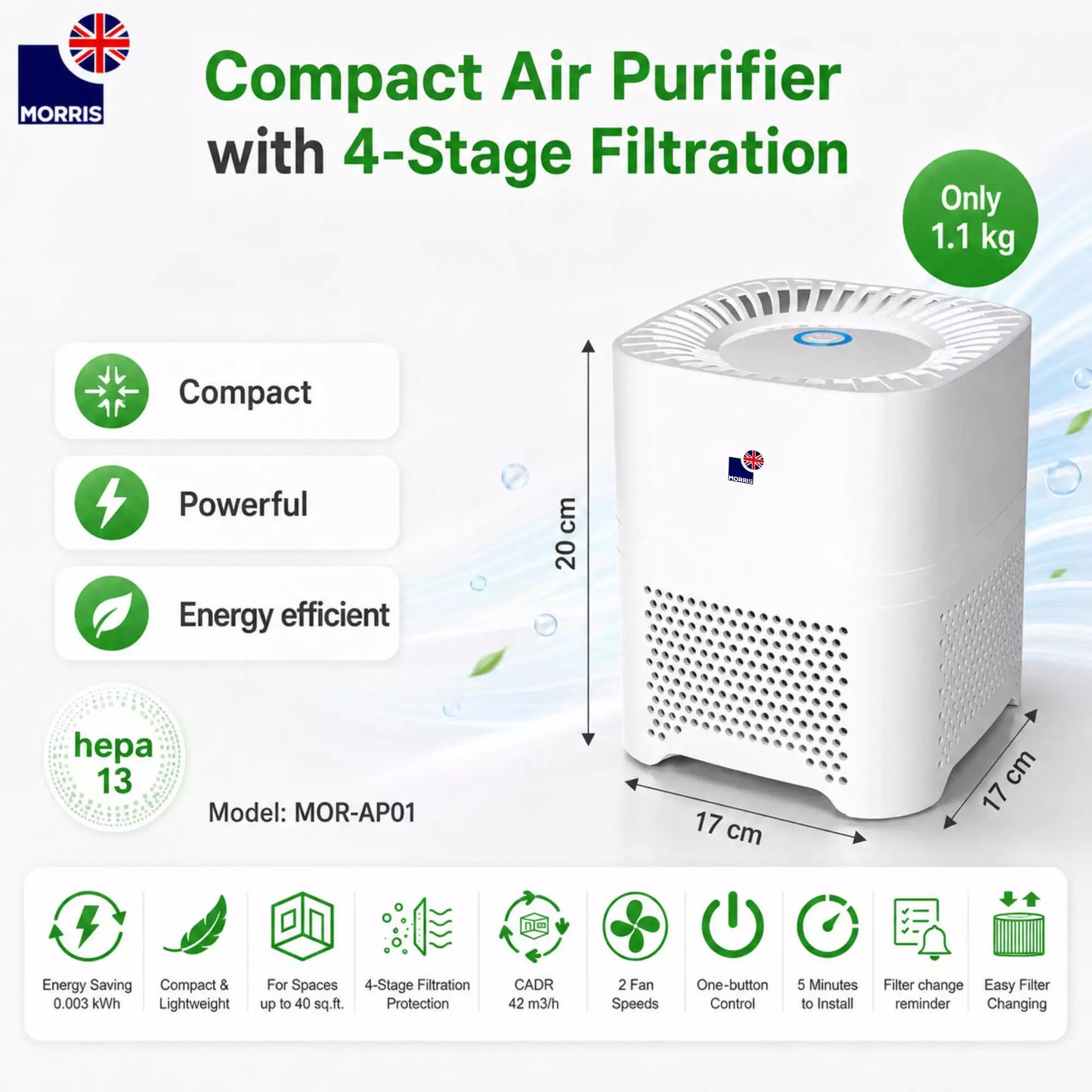 Morris H13 hepa portable air purifier uk specifications