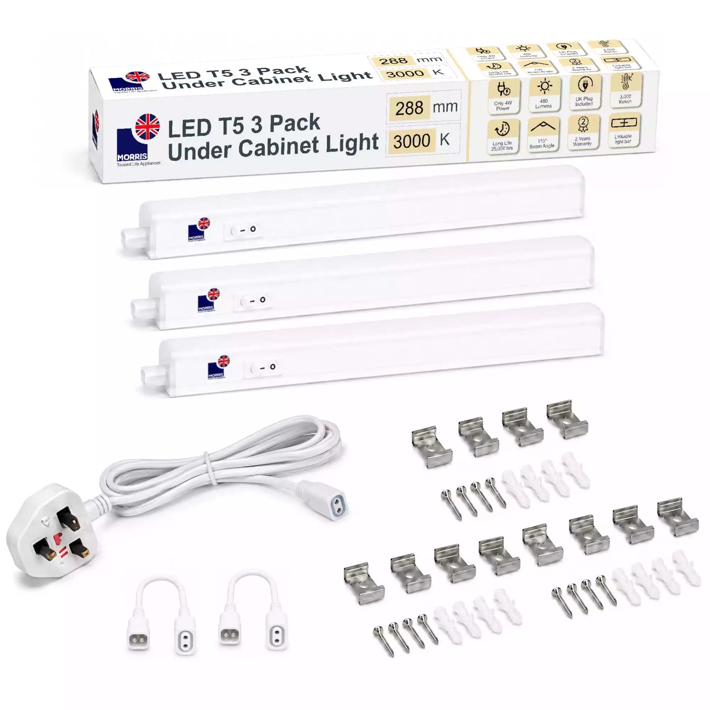 Morris LED Cabinet Lighting 288mm T5 Connectable 3000 or 6500K 1-4 packs