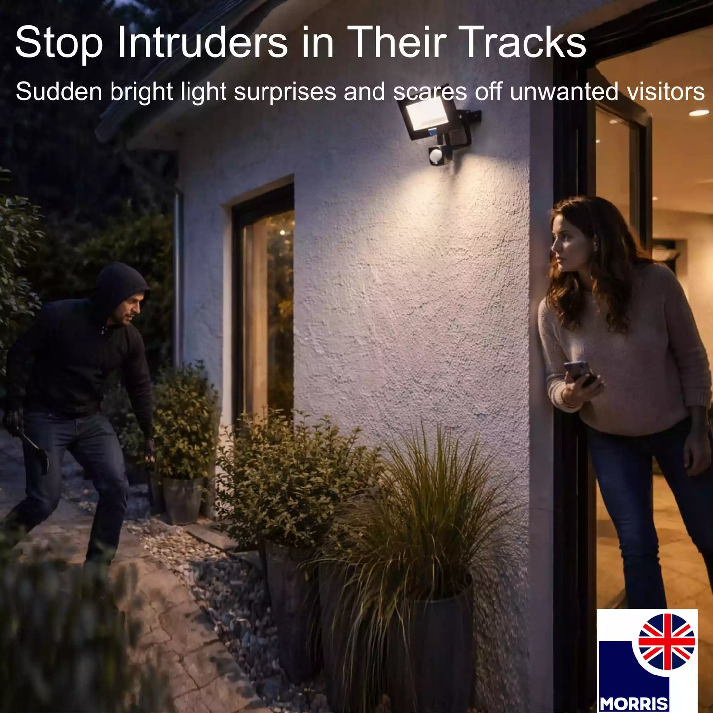 Morris LED long range pir floodlight 20w stop intruders in their tracks