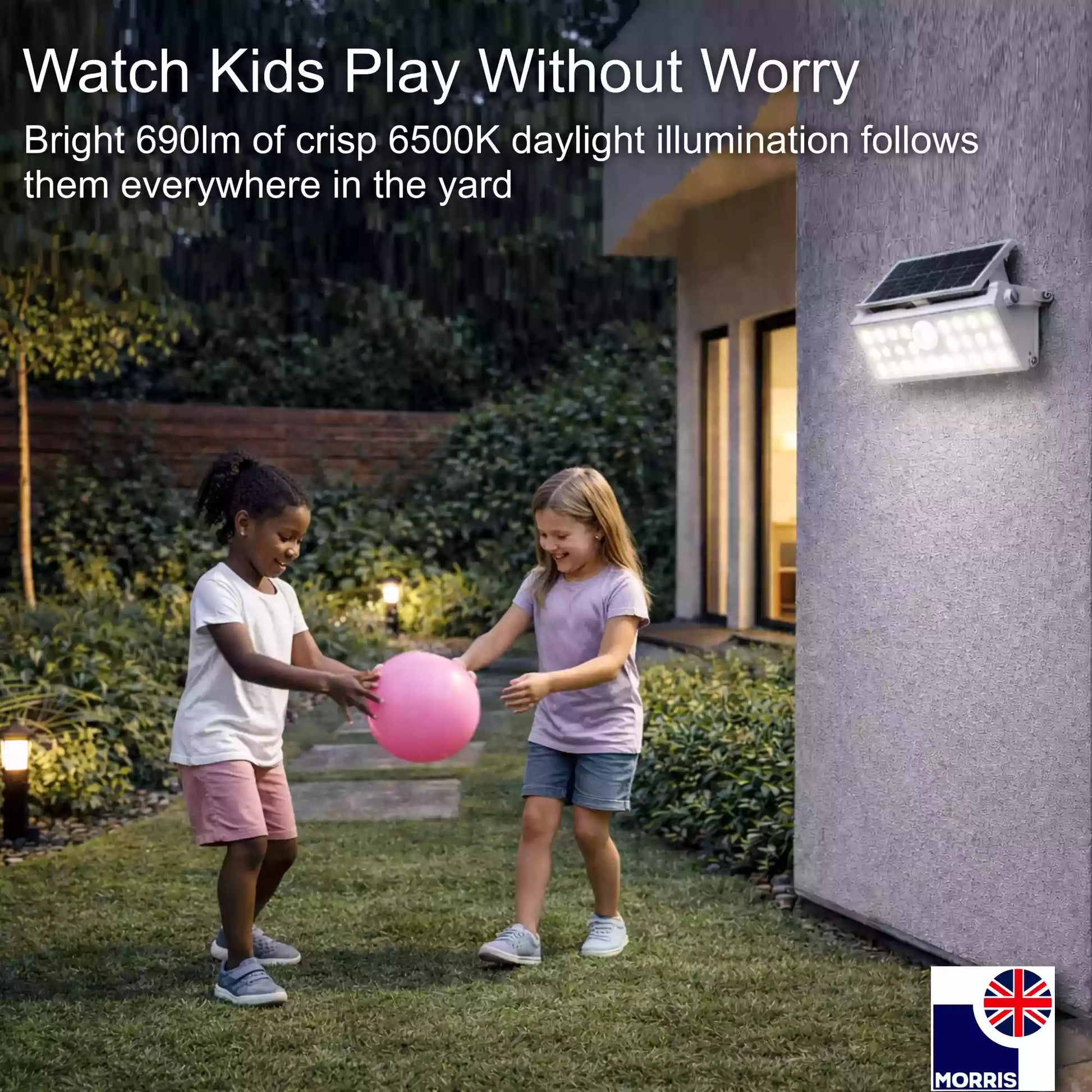 Morris LED solar security light with motion sensor watch kids play without worry