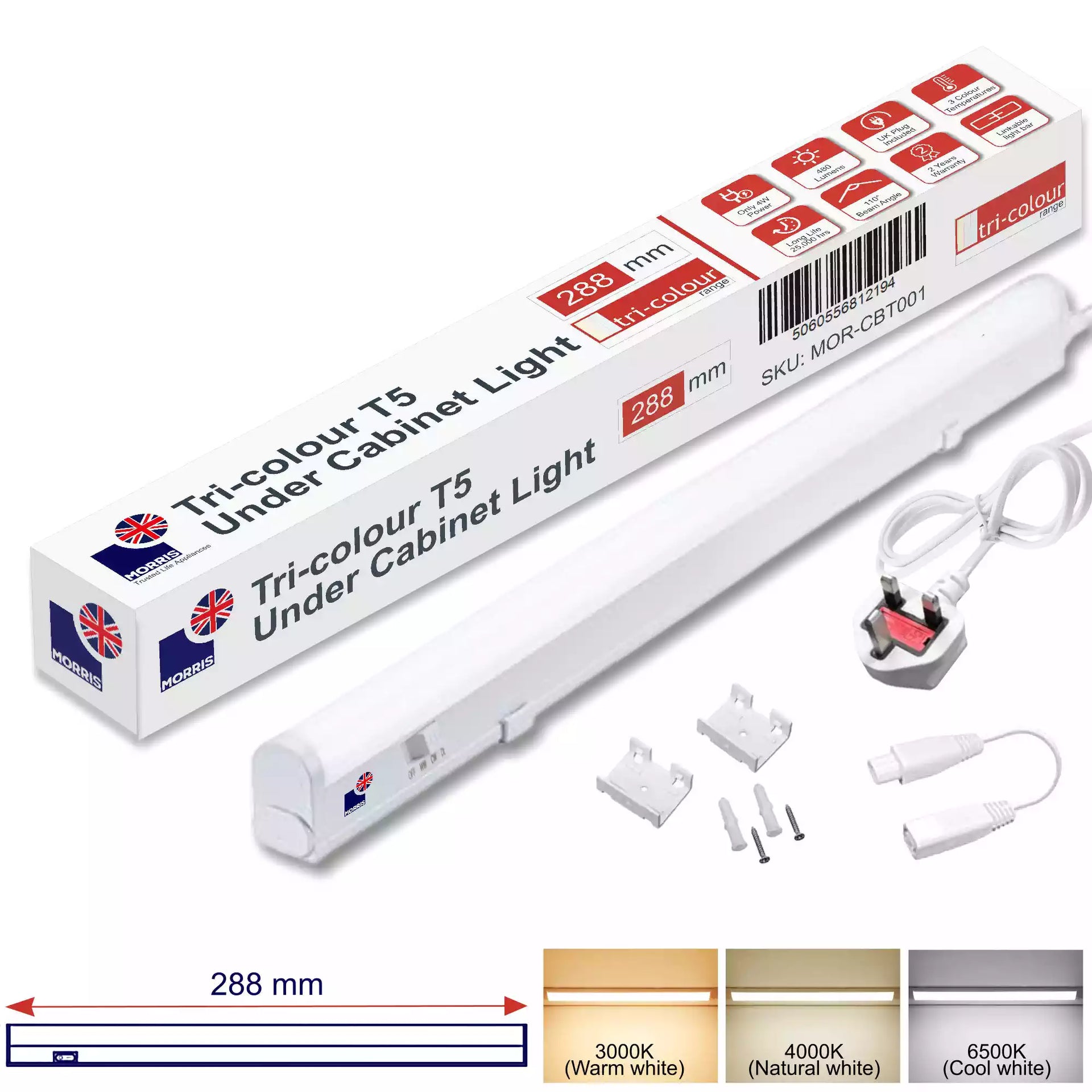 LED T5 Under Cabinet Lights Tri Connectable 288mm