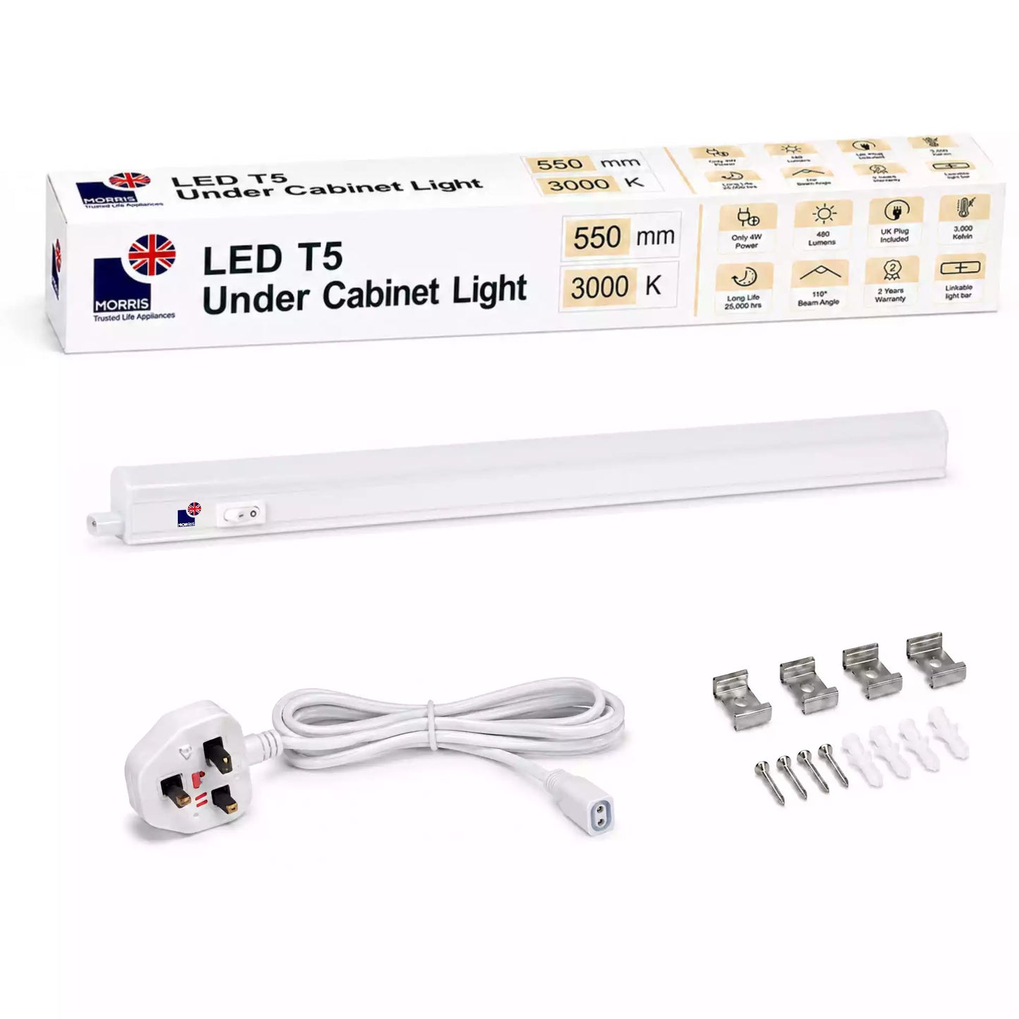 Morris Cabinet Lighting LED T5 Connectable 550mm 3000 or 6500K 1-4 packs