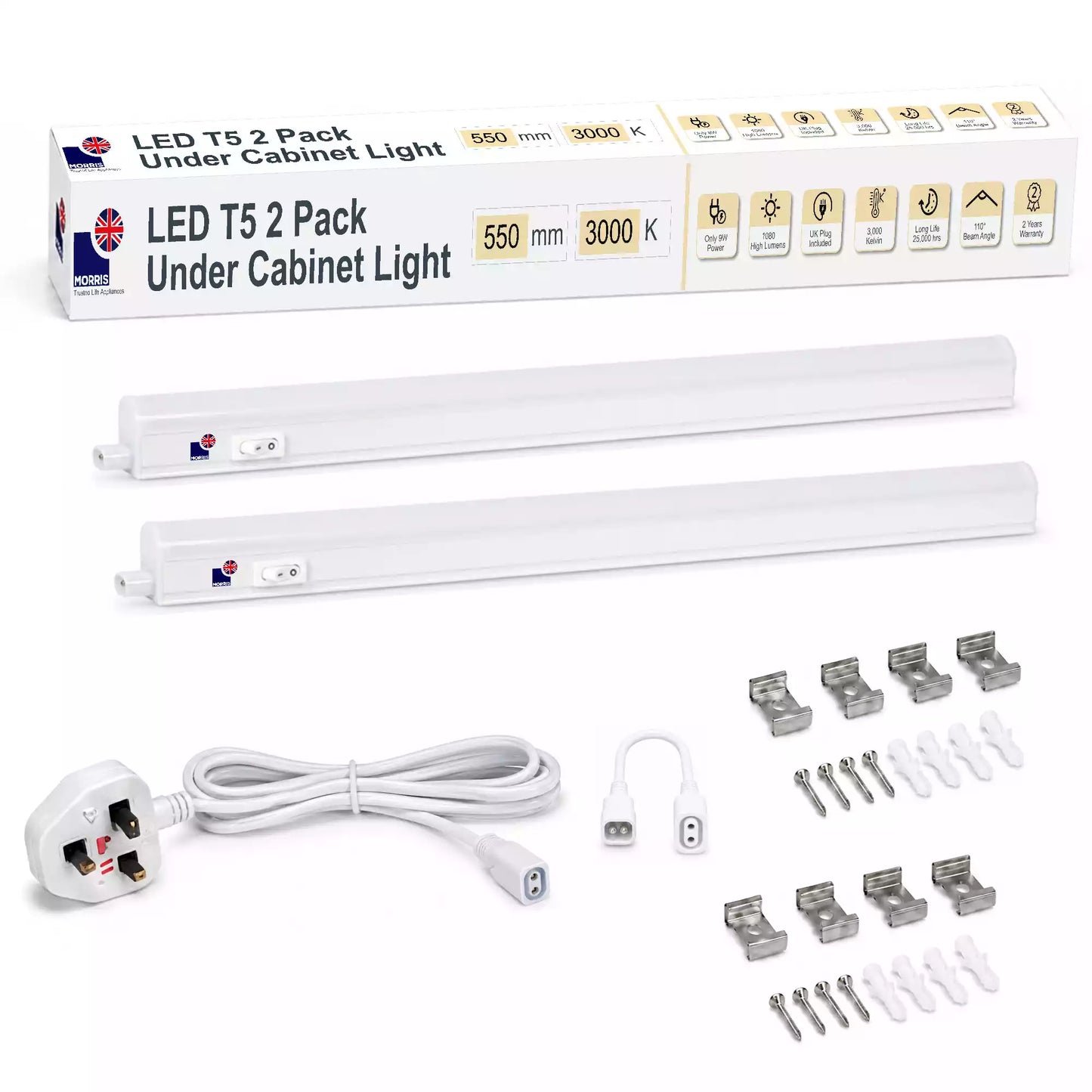 Morris Cabinet Lighting LED T5 Connectable 550mm 3000 or 6500K 1-4 packs