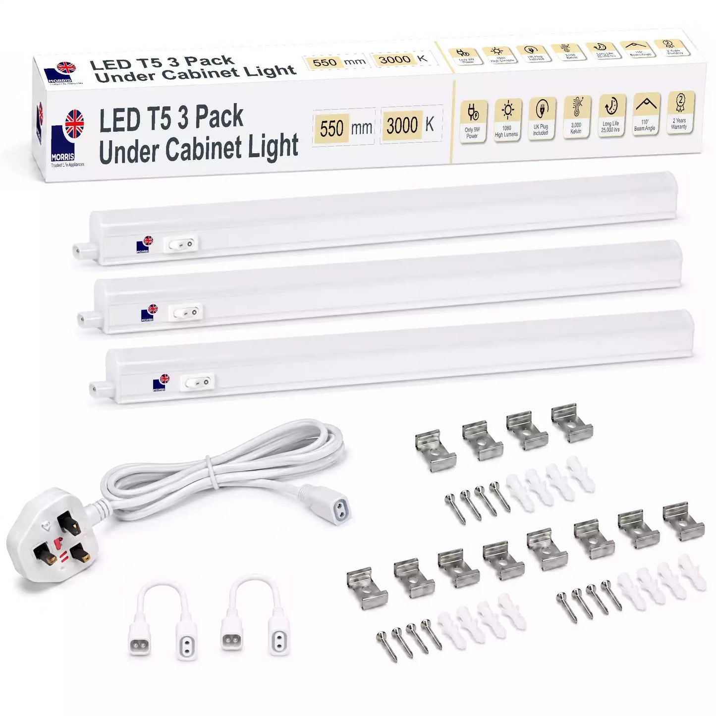 Morris Cabinet Lighting LED T5 Connectable 550mm 3000 or 6500K 1-4 packs