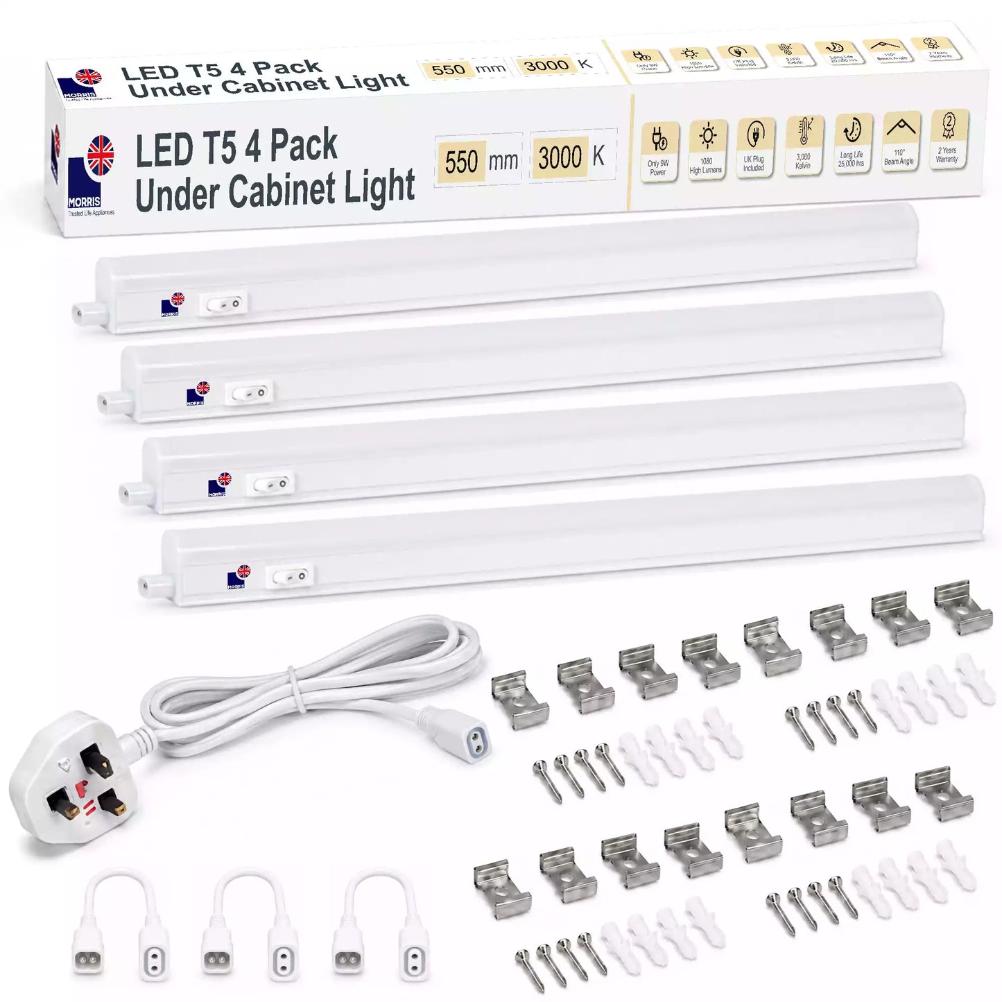 Morris Cabinet Lighting LED T5 Connectable 550mm 3000 or 6500K 1-4 packs