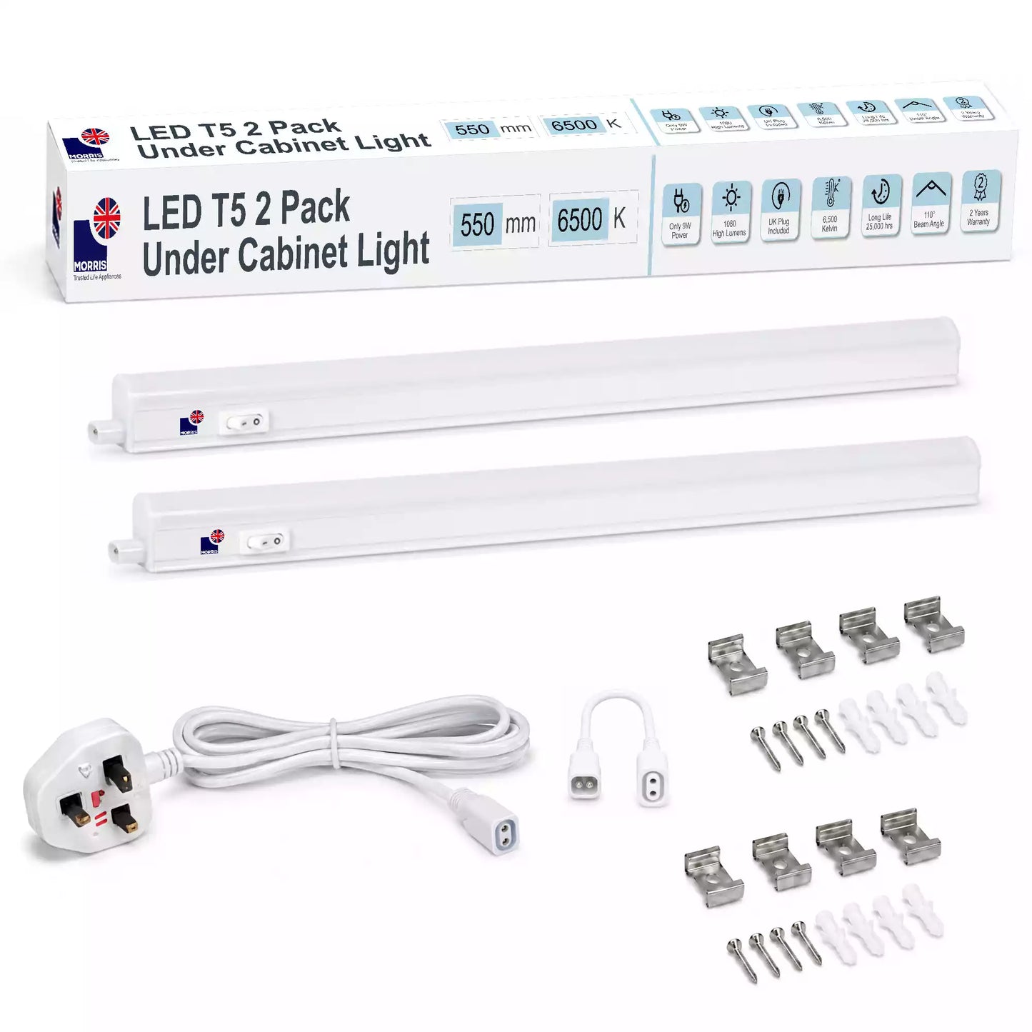 Morris Cabinet Lighting LED T5 Connectable 550mm 3000 or 6500K 1-4 packs