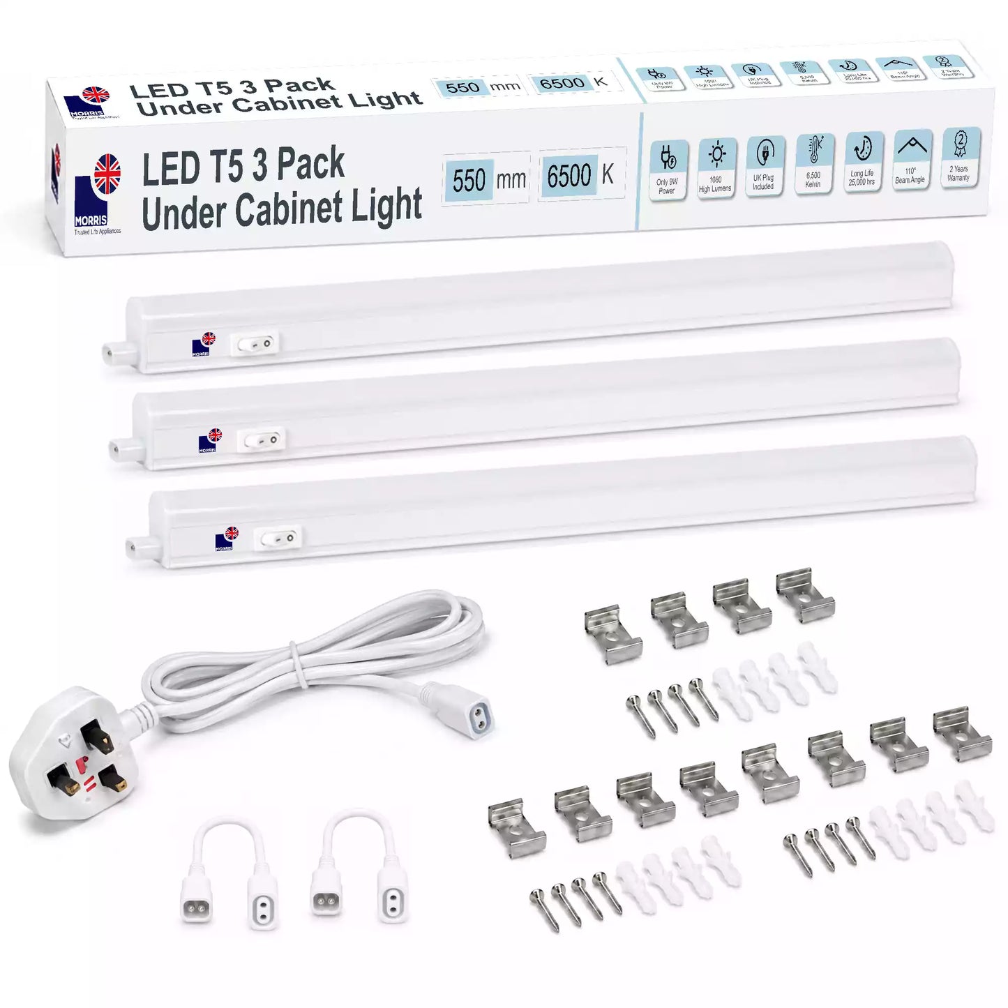 Morris Cabinet Lighting LED T5 Connectable 550mm 3000 or 6500K 1-4 packs