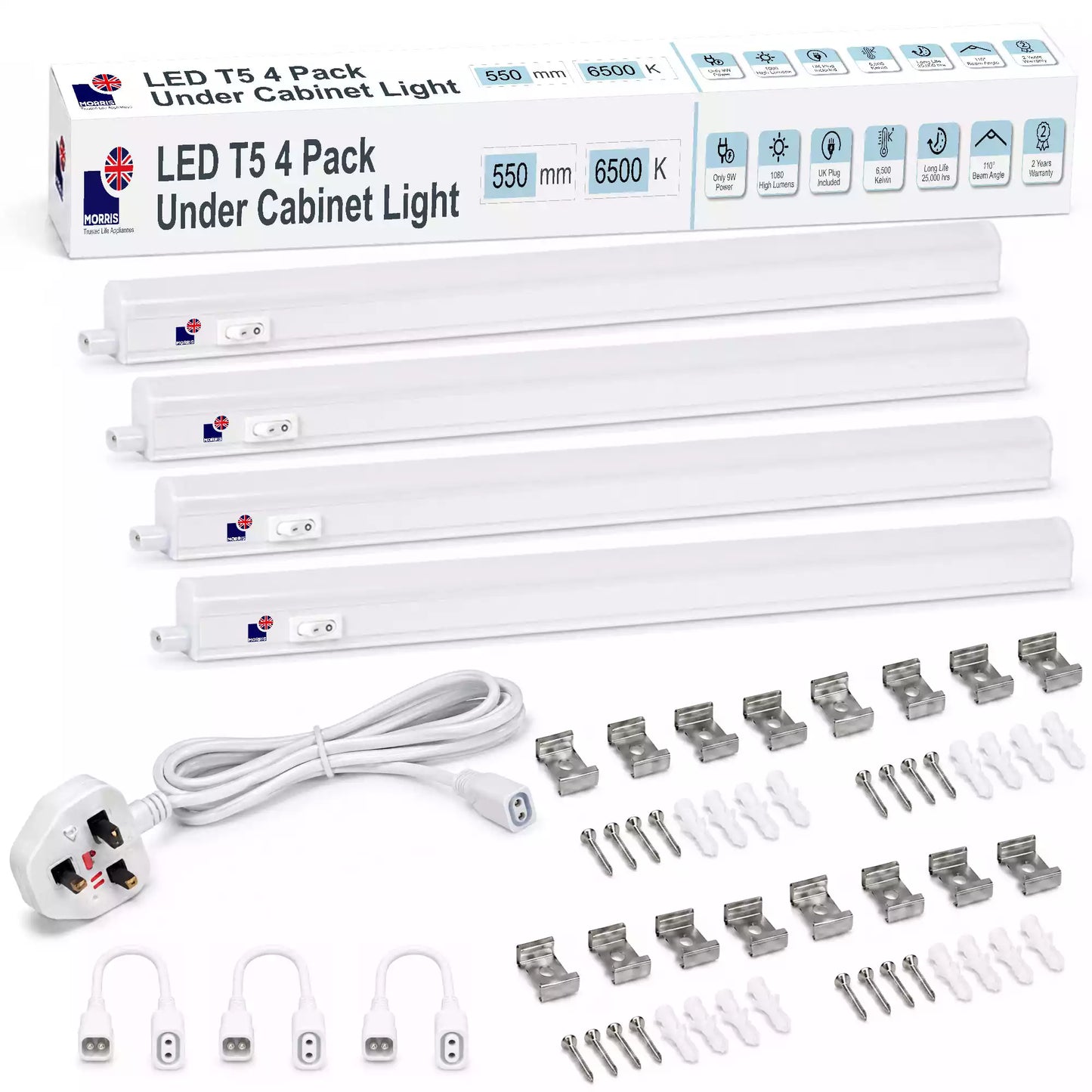 Morris Cabinet Lighting LED T5 Connectable 550mm 3000 or 6500K 1-4 packs