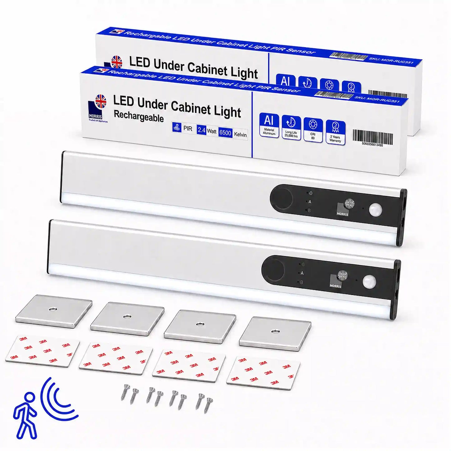 Morris LED Rechargeable Light (Under Cabinet) with PIR Sensor - 1500mAh USB-C 120lm 6500K Dimmable Ultra Slim 7mm