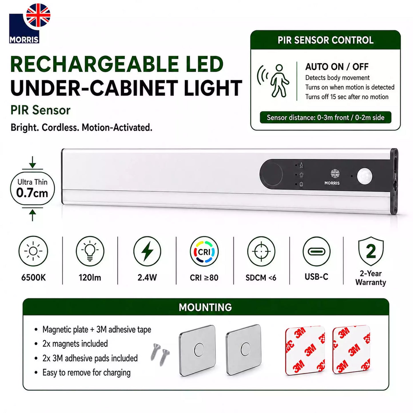 Morris LED Rechargeable Light (Under Cabinet) with PIR Sensor - 1500mAh USB-C 120lm 6500K Dimmable Ultra Slim 7mm