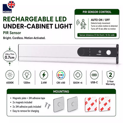 Morris LED Rechargeable Light (Under Cabinet) with PIR Sensor - 1500mAh USB-C 120lm 6500K Dimmable Ultra Slim 7mm