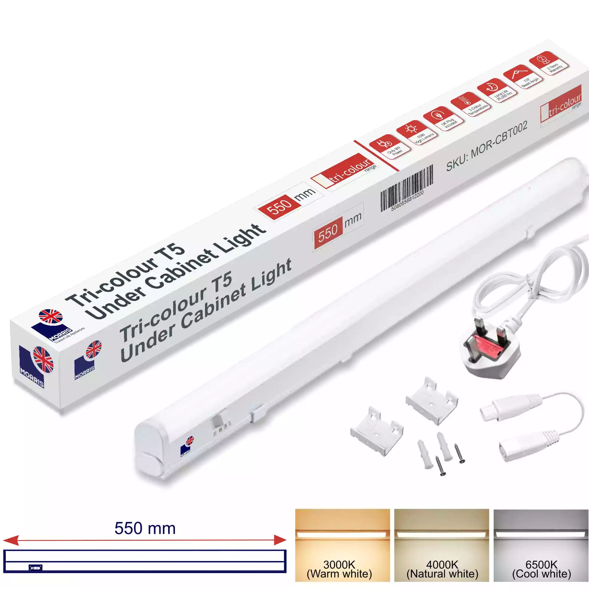 LED T5 Under Cabinet Lights Tri Connectable 550mm