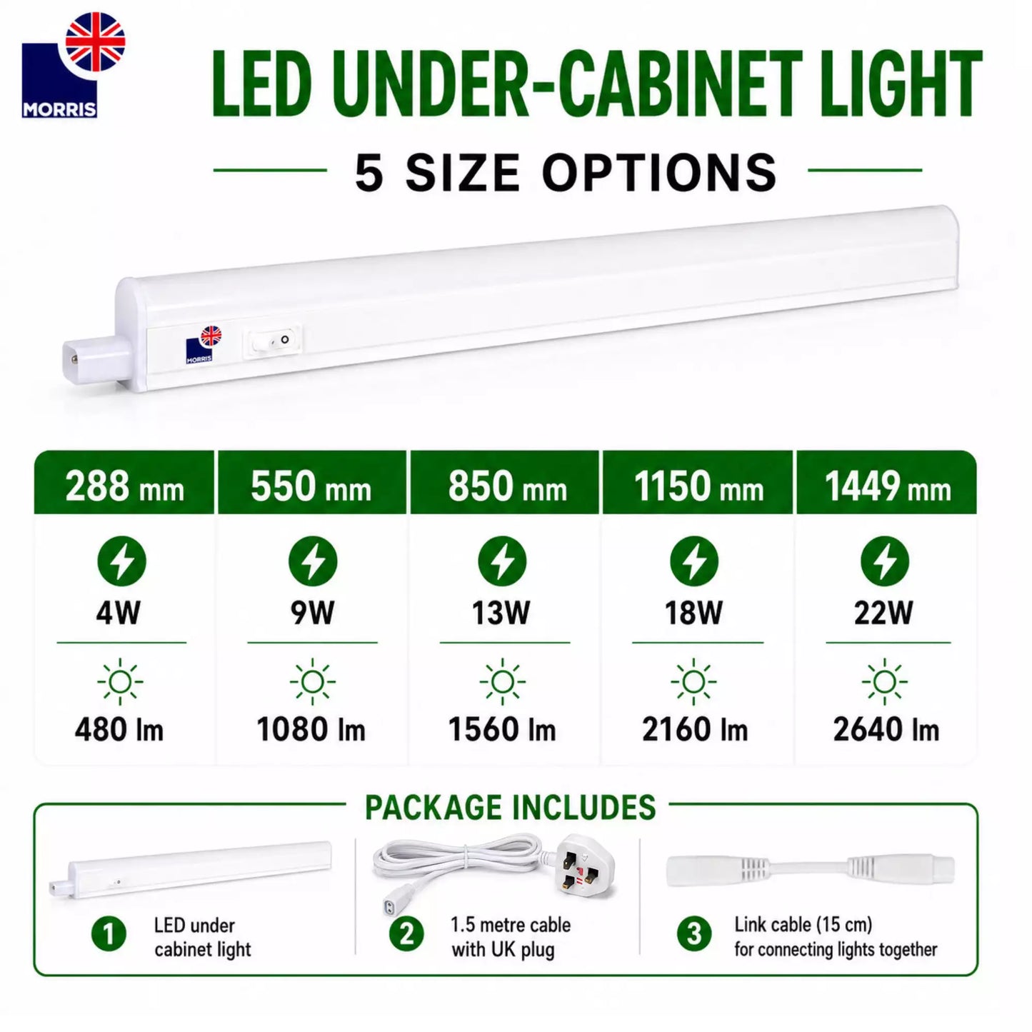 Morris LED Cabinet Lighting 288mm T5 Connectable 3000 or 6500K 1-4 packs