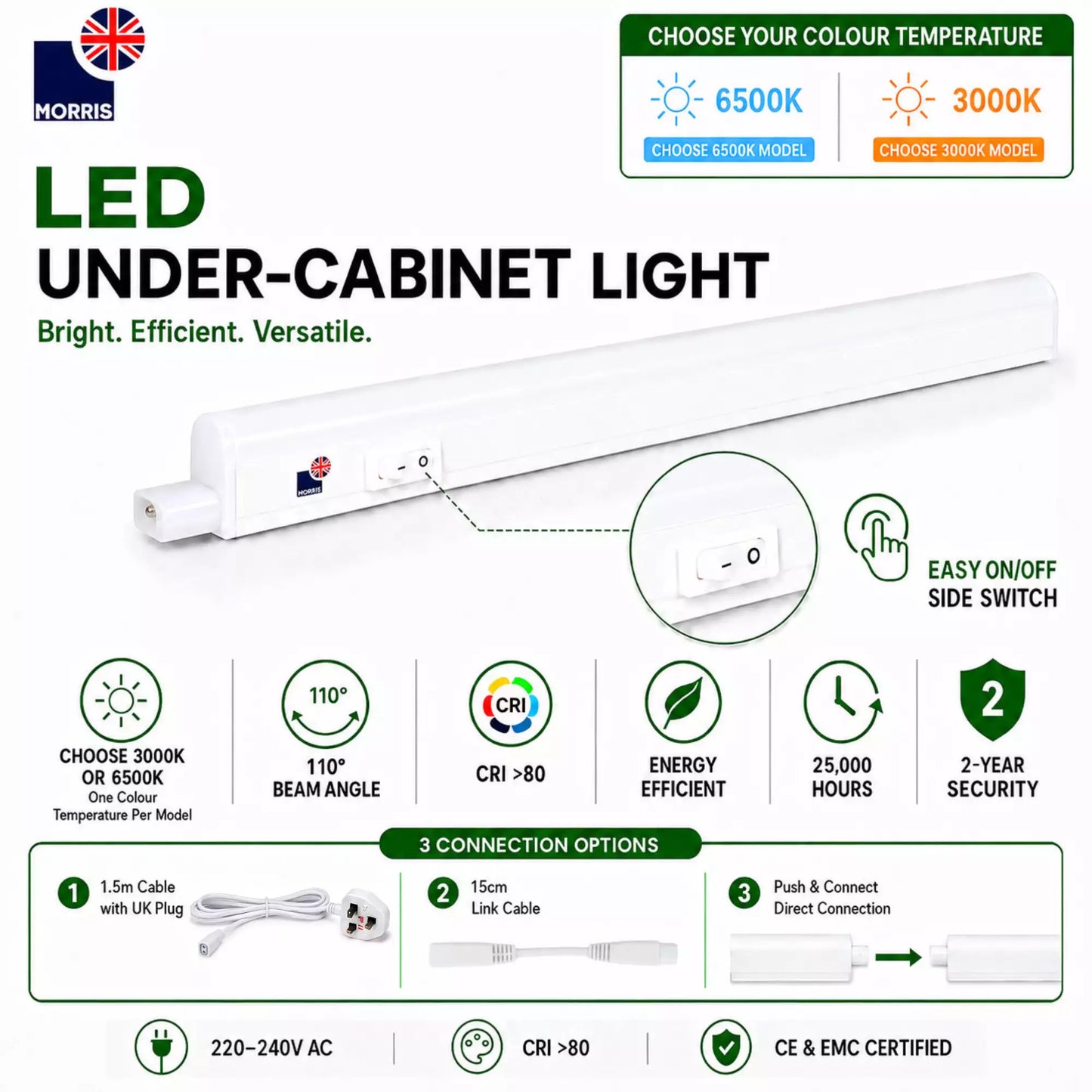 Morris LED Cabinet Lighting 288mm T5 Connectable 3000 or 6500K 1-4 packs