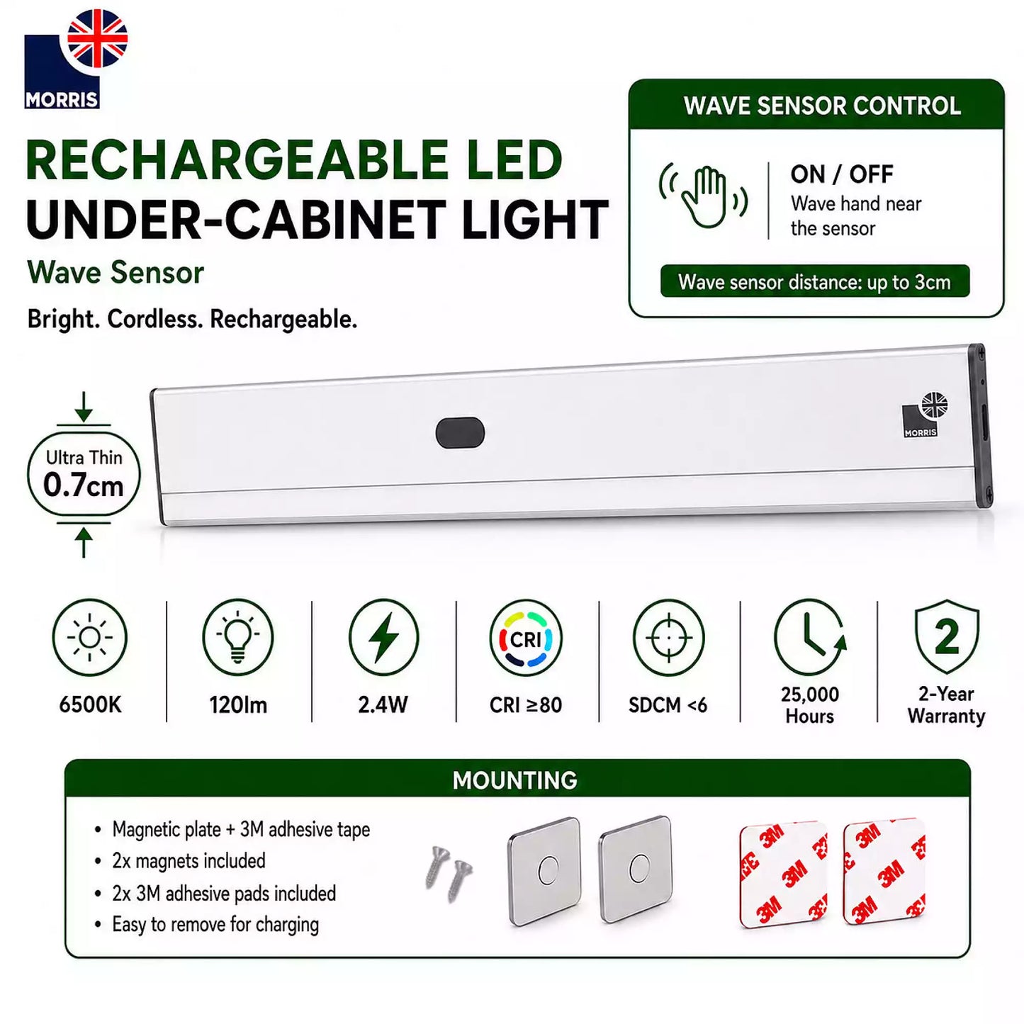 Morris Under Counter Lights Rechargeable Wave Sensor - Stepless Dimming, Ultra-Slim, 120lm, USB-C, Magnetic Mount, 1500mAh Battery