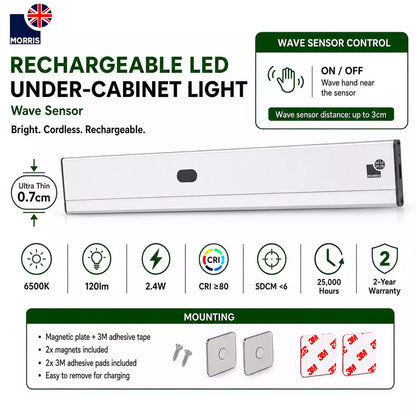 Morris Under Counter Lights Rechargeable Wave Sensor - Stepless Dimming, Ultra-Slim, 120lm, USB-C, Magnetic Mount, 1500mAh Battery